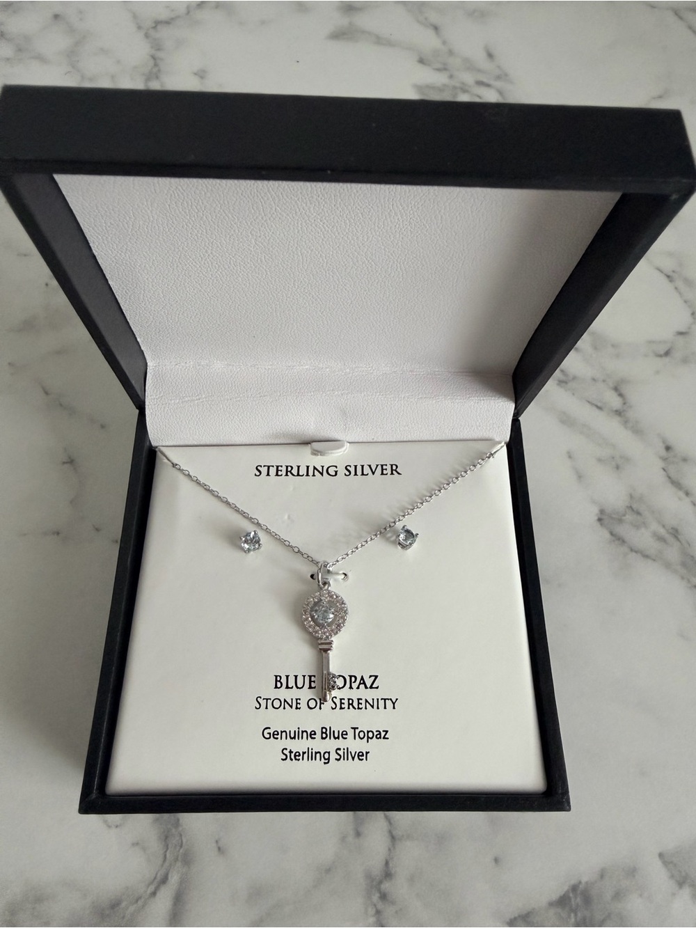 NEW Genuine Blue Topaz Sterling Silver Key Necklace & Earrings Set
